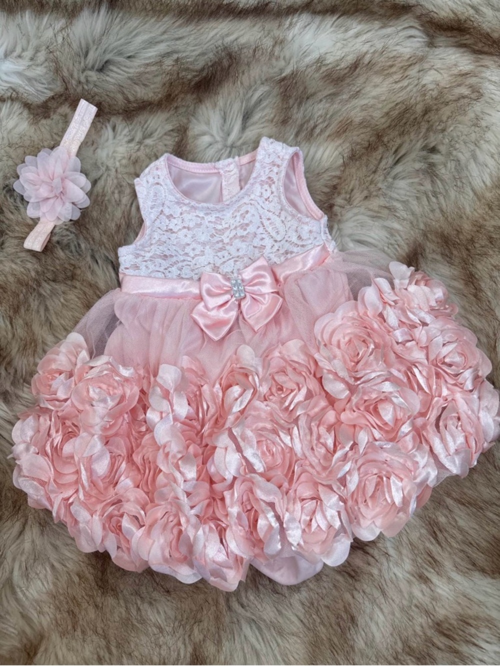 Pink Floral Rosette Tulle Baby Dress with Headband